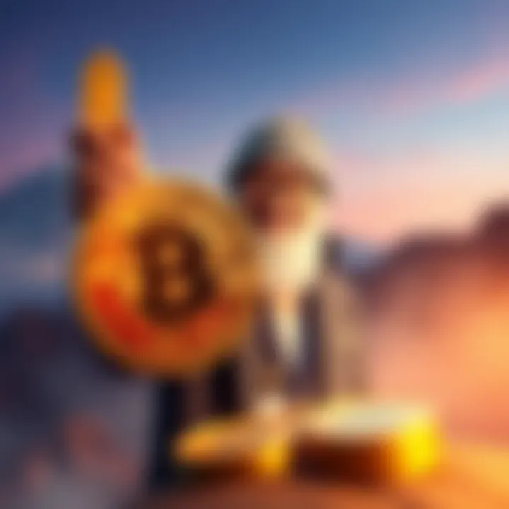 A futuristic depiction of cryptocurrency evolution with Satoshi's presence.